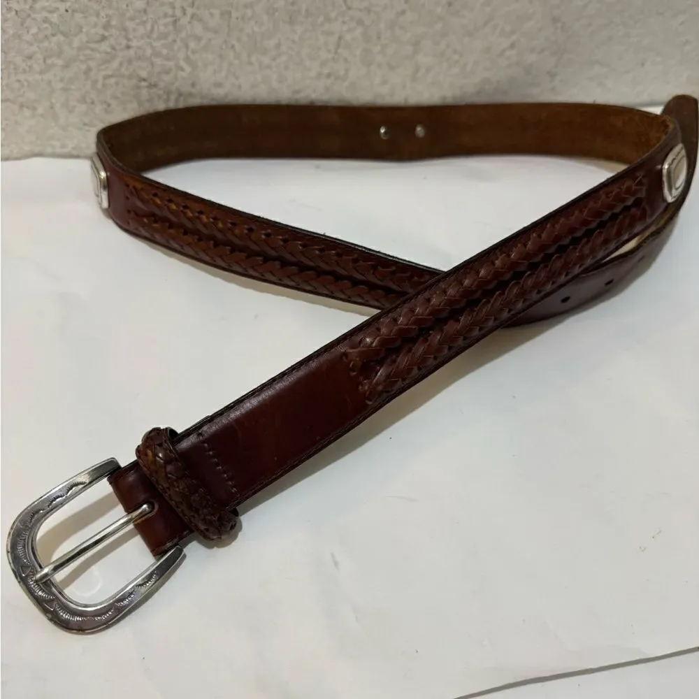 Brighton Mens  Brown Leather braided Belt Silver Buckle Size 40